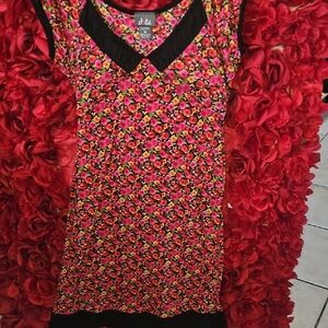 Dots Vibrant Floral Mini Dress in Red,Pink and Black Roses Size Medium
